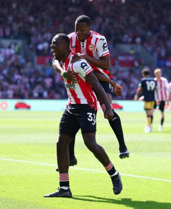 London, England, 2nd May 2026. Michael Kayode of Brentford celebrates after scoring to make it 1-0 during the Brentford vs West Ham United Premier League match at Gtech Community Stadium, London. Picture credit should read: Paul Terry Sportimage EDITORIAL USE ONLY. No use with unauthorised audio, video, data, fixture lists, club league logos or live services. Online in-match use limited to 120 images, no video emulation. No use in betting, games or single club league player publications. SPI_023_PT_Brentford_West_Ham SPI-4773-0021