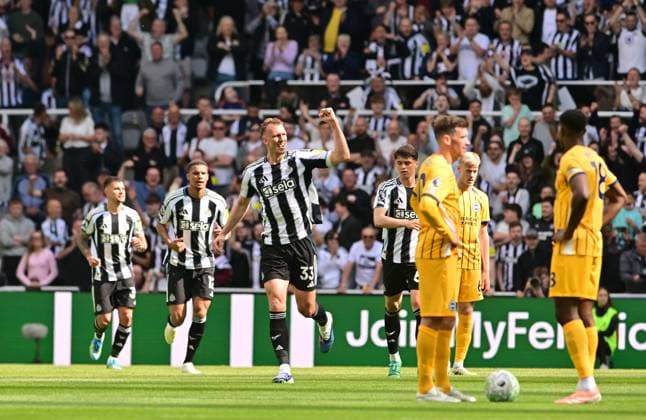 Dan Burn of Newcastle United celebrates scoring Newcastle United v Brighton and Hove Albion, Premier League, Football, St James Park, Newcastle , UK - 02 May 2026Newcastle St James Park United Kingdom EDITORIAL USE ONLY No use with unauthorised audio, video, data, fixture lists, club league logos or live services. Online in-match use limited to 120 images, no video emulation. No use in betting, games or single club league player publications. Copyright: xMarkxRunnacles Shutterstockx 16854507bc