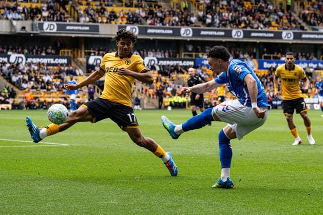2nd May 2026; Molineux Stadium, Wolverhampton, West Midlands, England; Premier League Football, Wolverhampton Wanderers versus Sunderland; Chemsdine Talbi of Sunderland AFC shoots at goal but is blocked by Pedro Lima of Wolverhampton Wanderers GodfreyxPitt