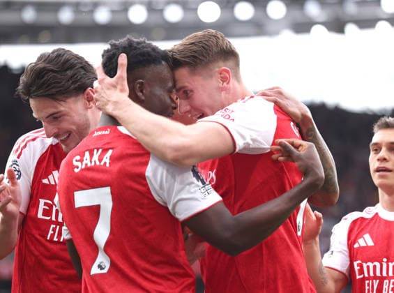 Viktor Gyokeres (A) celebrates scoring the first Arsenal goal (1-0) with Bukayo Saka (A) at the Arsenal v Fulham EPL match, at the Emirates Stadium, London, UK on 2nd May, 2026. 