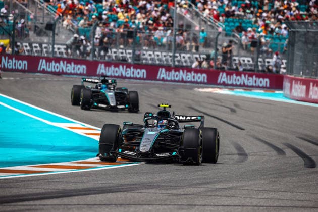 F1 - MIAMI GRAND PRIX 2026 12 KIMI ANTONELLI Andrea (ita), Mercedes AMG F1 Team W17, 63 RUSSELL George (gbr), Mercedes AMG F1 Team W17, action during the Formula 1 Miami Grand Prix 2026, 4th round of the 2026 Formula One World Championship, WM, Weltmeisterschaft from May 1 to 3, 2026 on the Miami International Autodrome, in Miami Gardens, USA - Miami GardensUnited States Copyright: xDPPIx