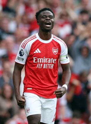 Bukayo Saka of Arsenal celebrates the opening goal Arsenal v Fulham, Premier League, Football, Emirates Stadium, London , UK - 02 May 2026London Emirates Stadium United Kingdom EDITORIAL USE ONLY No use with unauthorised audio, video, data, fixture lists, club league logos or live services. Online in-match use limited to 120 images, no video emulation. No use in betting, games or single club league player publications.  Copyright: xKieranxMcManus Shutterstockx 16854568i