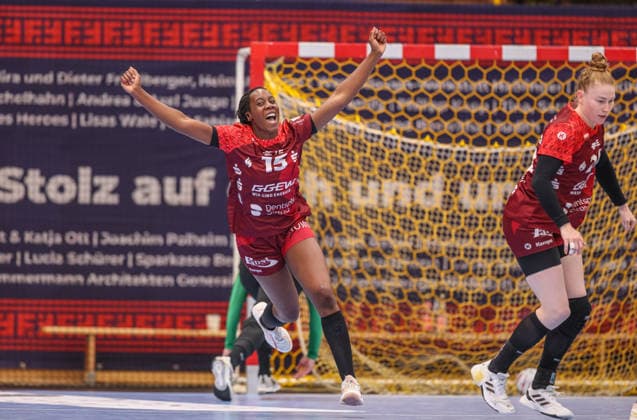 GER, Bensheim, HSG Bensheim Auerbach Flames vs Borussia Dortmund, Alsco Handball Bundesliga Frauen, Handball, DHB, Season 2025 2026, Weststadthalle Bensheim, Playoff semi-final, 2 Game in picture Ndidi Agwunedu HSG Bensheim Auerbach Flames Women 15 , Cheers, joy and emotions after the goal DFB DFL REGULATIONS PROHIBIT ANY USE OF PHOTOGRAPHS AS IMAGE SEQUENCES AND OR QUASI VIDEO, 02 05 2026 Copyright: HMBxMedia HendrikxHamelau