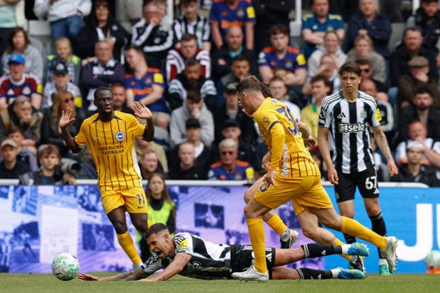 Newcastle United v Brighton & Hove Albion, Premier League Bruno Guimaraes of Newcastle United is fouled during the Newcastle United v Brighton & Hove Albion Premier League match at St. James Park, Newcastle Upon Tyne, England on 2 May 2026 Credit: Craig Cowan Every Second Media Editorial use only. All images are copyright Every Second Media Limited. No images may be reproduced without prior permission. All rights reserved. Premier League and Football League images are subject to licensing agreements with Football DataCo Limited. see https: www.football-dataco.com Copyright: xIMAGO EveryxSecondxMediax ESM-1970-0137 CraigxCowanx xEveryxSecondxMediax