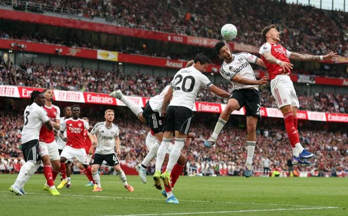 Raul JimÃ nez of Fulham heads clear Arsenal v Fulham, Premier League, Football, Emirates Stadium, London , UK - 02 May 2026London Emirates Stadium United Kingdom EDITORIAL USE ONLY No use with unauthorised audio, video, data, fixture lists, club league logos or live services. Online in-match use limited to 120 images, no video emulation. No use in betting, games or single club league player publications.  Copyright: xKieranxMcManus Shutterstockx 16854568j