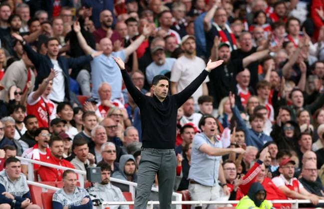 Arsenal manager Mikel Arteta gestures on the touchline Arsenal v Fulham, Premier League, Football, Emirates Stadium, London , UK - 02 May 2026London Emirates Stadium United Kingdom EDITORIAL USE ONLY No use with unauthorised audio, video, data, fixture lists, club league logos or live services. Online in-match use limited to 120 images, no video emulation. No use in betting, games or single club league player publications.  Copyright: xKieranxMcManus Shutterstockx 16854568m