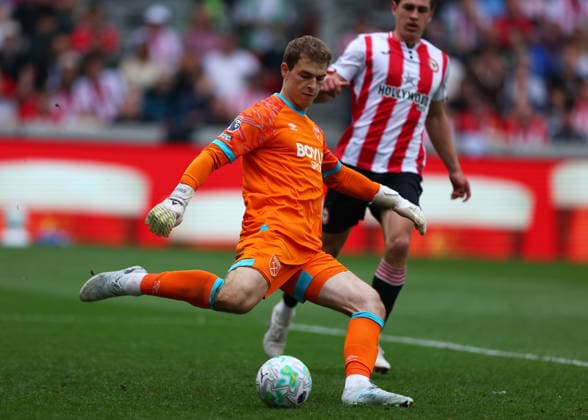 2nd May 2026; Gtech Community Stadium, Brentford, London, England; Premier League Football, Brentford versus West Ham United; Goalkeeper Mads Hermansen of West Ham United kicking the ball out into midfield JPxFletcher