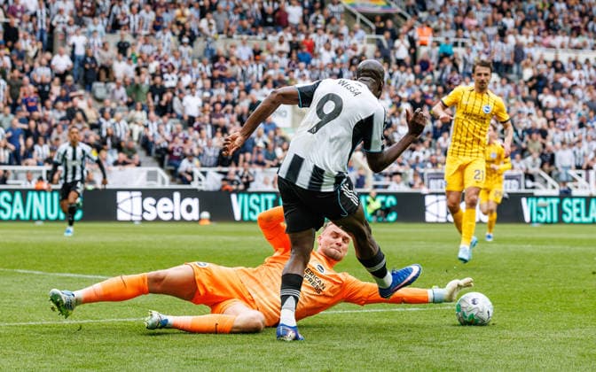2nd May 2026; St James Park, Newcastle, England; Premier League Football, Newcastle United versus Brighton and Hove Albion; Yoane Wissa of Newcastle United rounds the keeper before squaring it to Harvey Barnes of Newcastle United to score Newcastle Uniteds 3rd goal WMxSportsxMedia