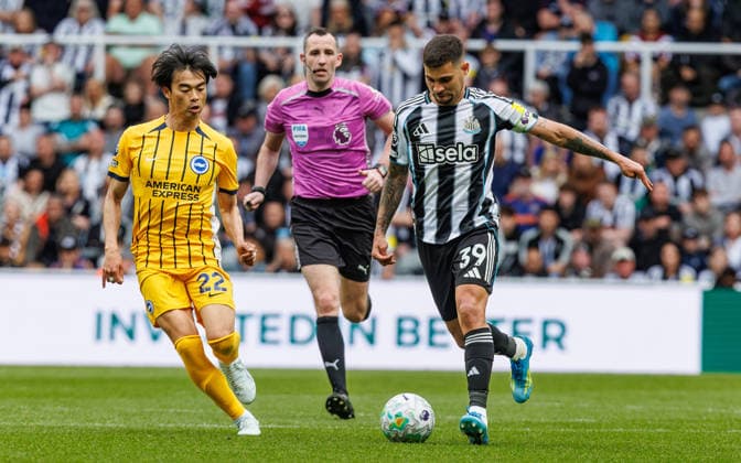 2nd May 2026; St James Park, Newcastle, England; Premier League Football, Newcastle United versus Brighton and Hove Albion; Kaoru Mitoma of Brighton battles with Bruno Guimaraes of Newcastle United WMxSportsxMedia