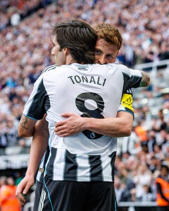 2nd May 2026; St James Park, Newcastle, England; Premier League Football, Newcastle United versus Brighton and Hove Albion; Harvey Barnes of Newcastle United celebrates scoring 95th minute goal to make the score 3-1 to Newcastle United with Sandro Tonali of Newcastle United WMxSportsxMedia
