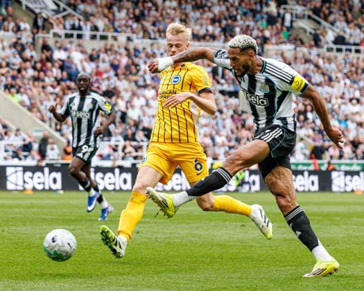 2nd May 2026; St James Park, Newcastle, England; Premier League Football, Newcastle United versus Brighton and Hove Albion; Bruno Guimaraes of Newcastle United having a shot at goal WMxSportsxMedia