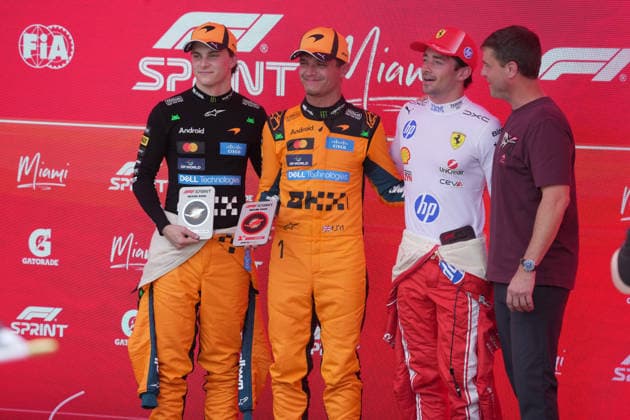 Formula 1 Crypto com Miami Grand Prix 2026 02 05 2026, Miami International Autodrome, Miami, Formula 1 Crypto com Miami Grand Prix 2026 ,in the picture winner of the sprint race Lando Norris M GBR , McLaren Mastercard F1 Team, 2nd place for Oscar Piastri L AUS , 3rd place for Charles Leclerc MCO , Scuderia Ferrari HP nordphotoxGmbHx xBratic nph00250