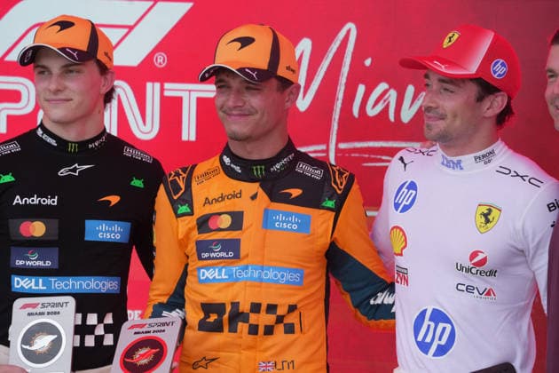 Sport Bilder des Tages Formula 1 Crypto.com Miami Grand Prix 2026 02.05.2026, Miami International Autodrome, Miami, Formula 1 Crypto.com Miami Grand Prix 2026 ,im Bild Sieger des Sprintrennens Lando Norris (M) (GBR), McLaren Mastercard F1 Team, 2.Platz für Oscar Piastri (L) (AUS), 3.Platz für Charles Leclerc (MCO), Scuderia Ferrari HP *** Formula 1 Crypto com Miami Grand Prix 2026 02 05 2026, Miami International Autodrome, Miami, Formula 1 Crypto com Miami Grand Prix 2026 ,in the picture winner of the sprint race Lando Norris M GBR , McLaren Mastercard F1 Team, 2nd place for Oscar Piastri L AUS , 3rd place for Charles Leclerc MCO , Scuderia Ferrari HP nordphotoxGmbHx xBratic nph00250