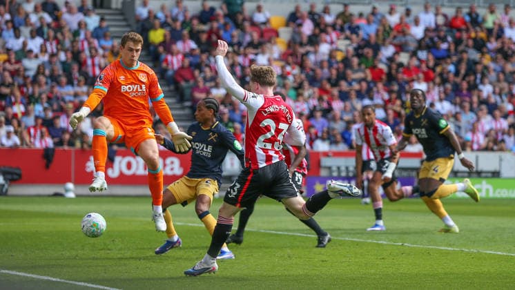 LONDON, ENGLAND - MAY 02: Goalkeeper Mads Hermansen of West Ham United saves a goal bound effort from Keane Lewis-Potter of Brentford during the Premier League match between Brentford and West Ham United at Gtech Community Stadium on May 02, 2026 in London, England. Copyright: xJayxPatel SPPx Sportspressphoto_SPR139663