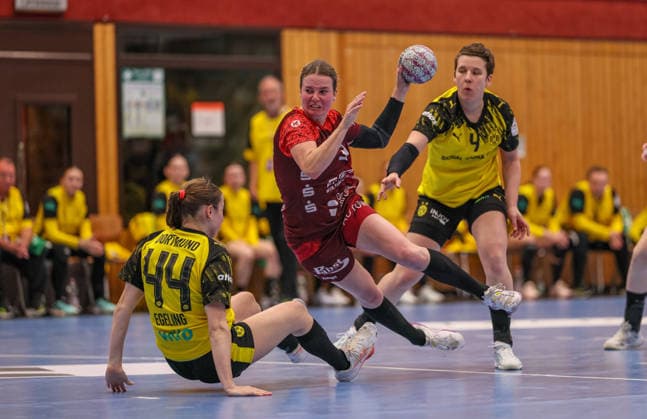 GER, Bensheim, HSG Bensheim Auerbach Flames vs Borussia Dortmund, Alsco Handball Bundesliga Frauen, Handball, DHB, Season 2025 2026, Weststadthalle Bensheim, Playoff Semifinal, 2 Match in picture from l Lara Egeling Borussia Dortmund 44 , Amelie Berger HSG Bensheim Auerbach Flames women 3 DFB DFL REGULATIONS PROHIBIT ANY USE OF PHOTOGRAPHS AS IMAGE SEQUENCES AND OR QUASI VIDEO, 02 05 2026 Copyright: HMBxMedia HendrikxHamelau