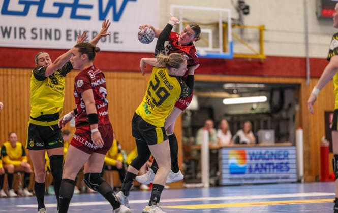 GER, Bensheim, HSG Bensheim Auerbach Flames vs Borussia Dortmund, Alsco Handball Bundesliga Frauen, handball, DHB, season 2025 2026, Weststadthalle Bensheim, playoff semi-final, 2 Match in picture f l Emma Olsson Borussia Dortmund 29 , Lena Degenhardt HSG Bensheim Auerbach Flames Women 8 DFB DFL REGULATIONS PROHIBIT ANY USE OF PHOTOGRAPHS AS IMAGE SEQUENCES AND OR QUASI VIDEO, 02 05 2026 Copyright: HMBxMedia HendrikxHamelau