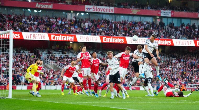 Timothy Castagne of Fulham goes close Arsenal v Fulham, Premier League, Football, Emirates Stadium, London , UK - 02 May 2026London Emirates Stadium United Kingdom EDITORIAL USE ONLY No use with unauthorised audio, video, data, fixture lists, club league logos or live services. Online in-match use limited to 120 images, no video emulation. No use in betting, games or single club league player publications.  Copyright: xJavierxGarcia Shutterstockx 16854566as