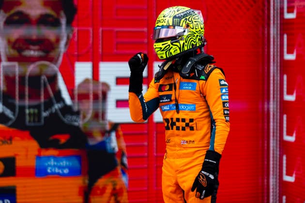 British Formula One driver Lando Norris of McLaren F1 Team celebrates winning the sprint race of the Formula One Miami Grand Prix at the Miami International Autodrome in Miami Gardens, Florida on Saturday, May 2, 2026.  MIA2026050266 GREGxNASH
