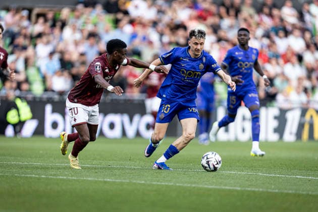 FOOTBALL : Metz FC vs AS Monaco - ligue 1 - Metz - 02 05 2026 Gauthier Hein 10 (FC Metz) et Aleksandr Golovin 10 (AS Monaco)  Copyright: xelyxandroxcegarrax
