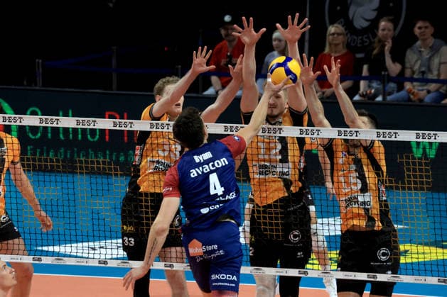 DEU, DVV, 1 VBL, BR Volleys vs SVG Lueneburg, 02 05 2026, Max Schmeling Halle, Berlin, DEU, DVV, 1 VBL, BR Volleys vs SVG Lueneburg, in the picture Fedor Ivanov BR Volleys 33 , Florian Krage Brewitz BR Volleys 12 , Moritz Reichert BR Volleys 15 , Christopher Byam Lueneburg 4 nordphotoxGmbHx xEngler nph00076
