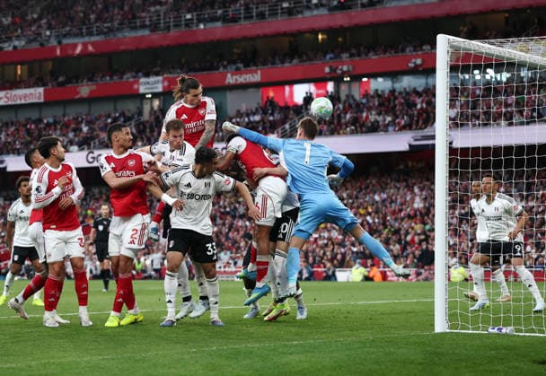London, England, 2nd May 2026. Riccardo Calafiori of Arsenal heads against the bar during the Arsenal vs Fulham Premier League match at the Emirates Stadium, London. Picture credit should read: David Klein Sportimage EDITORIAL USE ONLY. No use with unauthorised audio, video, data, fixture lists, club league logos or live services. Online in-match use limited to 120 images, no video emulation. No use in betting, games or single club league player publications. SPI_038_DK_Arsenal_Fulham SPI-4774-0038
