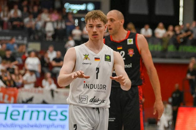 Timo Lanmueller Artland Dragons, 07 Artland Dragons vs Bayer Giants Leverkusen, 2 Basketball Bundesliga, Pro A, 34 Matchday, Season 2025 2026, 02 05 2026, Artland Dragons vs Bayer Giants Leverkusen, 2 Basketball Bundesliga, Pro A, 34 Matchday, Season 2025 2026, 02 05 2026 Quakenbrueck Copyright: xEibner-Pressefoto RobertxGertzenx EP_RGN