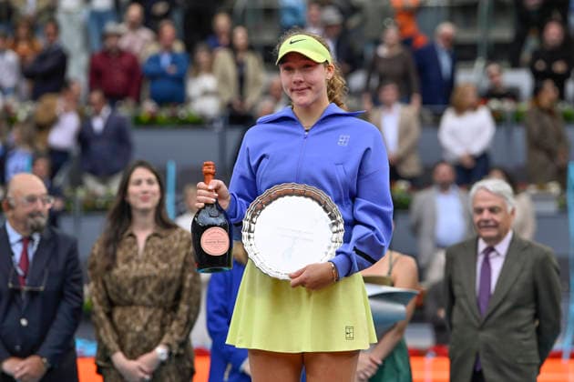 May 2, 2026, Madrid, Madrid, Spain: MIRRA ANDREEVA of Russian Ã¢â‚¬ WILSON posing with the second-place prize on the podium during the Mutua Madrid Open 2026, ATP, Tennis Herren Masters 1000 and WTA, Tennis Damen 1000 tennis tournament, celebrated at Caja Magica on 01 may, 2026 in Madrid, Spain. Mutua Madrid Open 2026 - Day 12 (05.01.26)  - ZUMAc312 20260502_zsp_c312_012 Copyright: xOscarxManuelxSanchezx