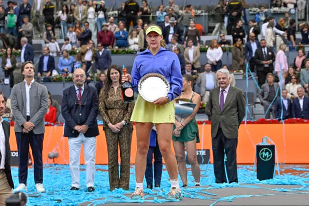 May 2, 2026, Madrid, Madrid, Spain: MIRRA ANDREEVA of Russian †WILSON posing with the second-place prize on the podium during the Mutua Madrid Open 2026, ATP, Tennis Herren Masters 1000 and WTA, Tennis Damen 1000 tennis tournament, celebrated at Caja Magica on 01 may, 2026 in Madrid, Spain. Mutua Madrid Open 2026 - Day 12 (05.01.26) - ZUMAc312 20260502_zsp_c312_018 Copyright: xOscarxManuelxSanchezx