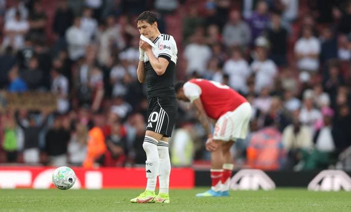 Sasa Lukic of Fulham shows a look of dejection at full time Arsenal v Fulham, Premier League, Football, Emirates Stadium, London , UK - 02 May 2026London Emirates Stadium United Kingdom EDITORIAL USE ONLY No use with unauthorised audio, video, data, fixture lists, club league logos or live services. Online in-match use limited to 120 images, no video emulation. No use in betting, games or single club league player publications.  Copyright: xKieranxMcManus Shutterstockx 16854568at