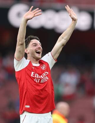 Declan Rice of Arsenal celebrates at full time Arsenal v Fulham, Premier League, Football, Emirates Stadium, London , UK - 02 May 2026London Emirates Stadium United Kingdom EDITORIAL USE ONLY No use with unauthorised audio, video, data, fixture lists, club league logos or live services. Online in-match use limited to 120 images, no video emulation. No use in betting, games or single club league player publications.  Copyright: xKieranxMcManus Shutterstockx 16854568ao