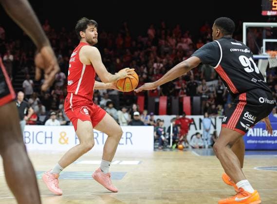 02 05 2026 Basketball Season 2025 2026 2 Bundesliga Pro A 34 Matchday Nuremberg Falcons Basketball Club NBC SBB Baskets Wolmirstedt Sportfoto Zink DaMa xdaxmax Tim Köpple Koepple 5, Nuremberg Falcons BC NBC Michael Hughes II 91, SBB Baskets Wolmirstedt