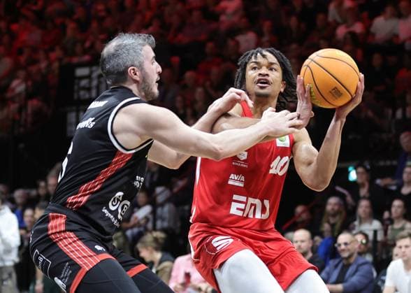 02 05 2026 Basketball Season 2025 2026 2 Bundesliga Pro A 34 Matchday Nuremberg Falcons Basketball Club NBC SBB Baskets Wolmirstedt Sportfoto Zink DaMa xdaxmax Martin Bogdanov 6, SBB Baskets Wolmirstedt Evan Derek Taylor 10, Nuremberg Falcons BC NBC