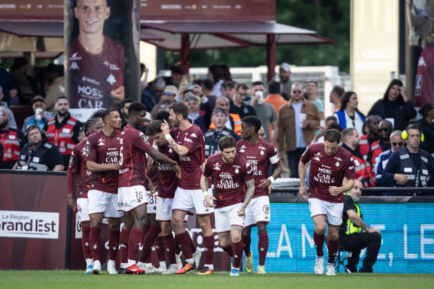 FOOTBALL : Metz FC vs AS Monaco - ligue 1 - Metz - 02 05 2026 Joie des joueurs de l equipe de Metz FC pres le but de Jessy Deminguet  Copyright: xelyxandroxcegarrax
