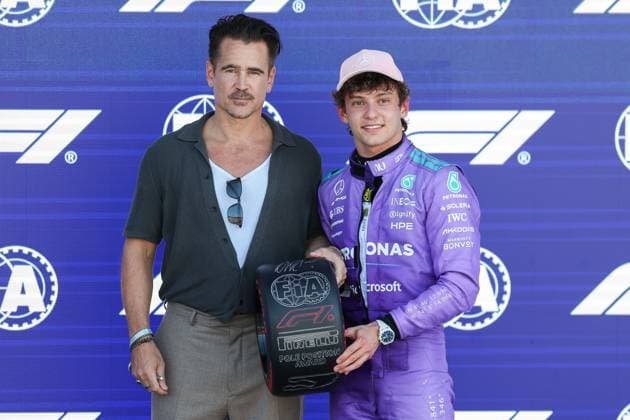 Actor Colin Farrell presents the Pole Position Award to Winner of Qualifying, Pole Position, Kimi Antonelli Mercedes AMG Petronas 12 , Grand Prix of Miami, Motorsport, Men, Formula 1, Qualifying, 02 05 2026 Miami Florida USA Copyright: xkolbert-press ChristianxKolbertx