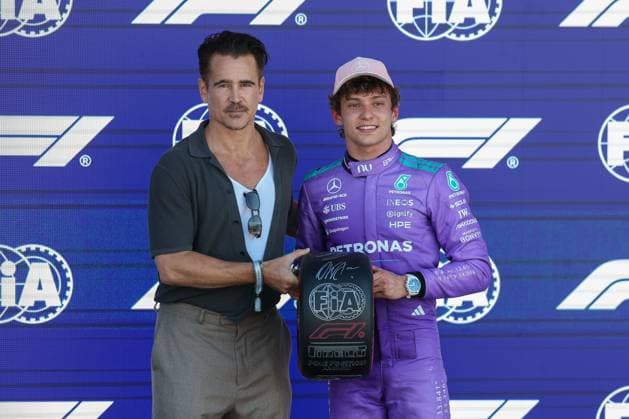 Actor Colin Farrell presents the Pole Position Award to Winner of Qualifying, Pole Position, Kimi Antonelli Mercedes AMG Petronas 12 , Grand Prix of Miami, Motorsport, Men, Formula 1, Qualifying, 02 05 2026 Miami Florida USA Copyright: xkolbert-press ChristianxKolbertx