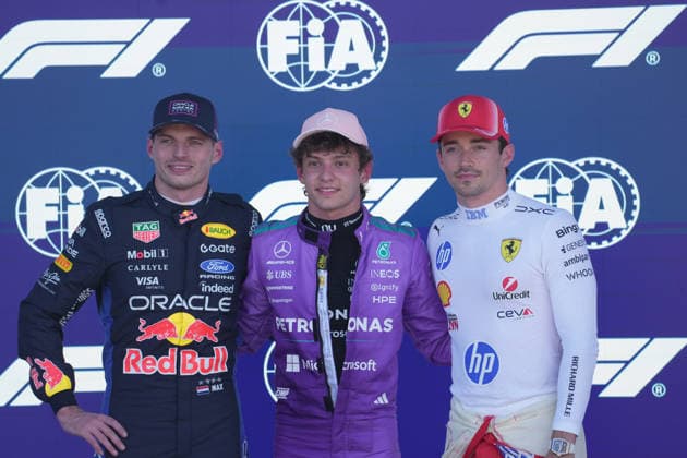 Formula 1 Crypto com Miami Grand Prix 2026 02 05 2026, Miami International Autodrome, Miami, Formula 1 Crypto com Miami Grand Prix 2026 ,in the picture pole position for Andrea Kimi Antonelli ITA , Mercedes AMG Petronas Formula One Team, 2 starting position for Max Verstappen NLD , Oracle Red Bull Racing, 3 starting position for Charles Leclerc MCO , Scuderia Ferrari HP nordphotoxGmbHx xBratic nph00250