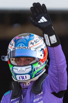 Italian Formula One driver Andrea Kimi Antonelli of Mercedes-AMG Petronas celebrates taking pole position for the Formula One Miami Grand Prix at the Miami International Autodrome in Miami Gardens, Florida on Saturday, May 2, 2026.  MIA2026050286 GREGxNASH
