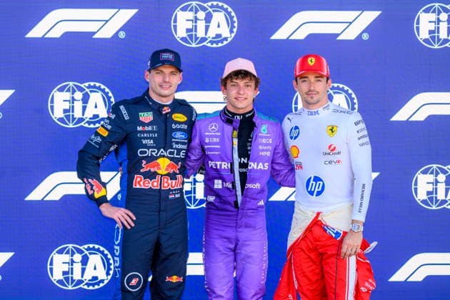 MIAMI GARDENS, FL - MAY 02: Mercedes-AMG PETRONAS driver Kimi Antonelli of Italy pose on the stage after qualifying in first place, with Oracle Red Bull Racing driver Max Verstappen of the Netherlands qualifying in second place and Ferrari driver Charles Leclerc of Monaco qualifying in third place for the Formula 1 Crypto.com Miami Grand Prix on May 2, 2026, at Miami International Autodrome in Miami Gardens, FL. (Photo by Doug Murray Icon Sportswire) AUTO: MAY 02 F1 Miami Grand Prix EDITORIAL USE ONLY Icon796260502076