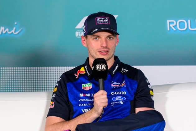 MIAMI GARDENS, FL - MAY 02: Oracle Red Bull Racing driver Max Verstappen of the Netherlands speaks to the media after the qualifying in second place for the Formula 1 Crypto.com Miami Grand Prix on May 2, 2026, at Miami International Autodrome in Miami Gardens, FL. (Photo by Doug Murray Icon Sportswire) AUTO: MAY 02 F1 Miami Grand Prix EDITORIAL USE ONLY Icon796260502079