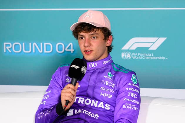 MIAMI GARDENS, FL - MAY 02: Mercedes-AMG PETRONAS driver Kimi Antonelli of Italy speaks to the media after the qualifying in first place for the Formula 1 Crypto.com Miami Grand Prix on May 2, 2026, at Miami International Autodrome in Miami Gardens, FL. (Photo by Doug Murray Icon Sportswire) AUTO: MAY 02 F1 Miami Grand Prix EDITORIAL USE ONLY Icon796260502082