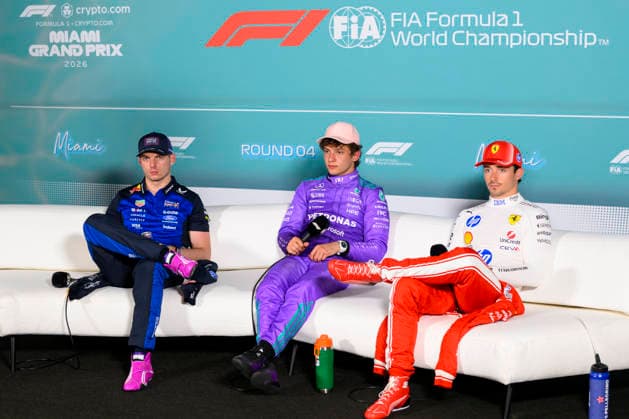 MIAMI GARDENS, FL - MAY 02: Oracle Red Bull Racing driver Max Verstappen of the Netherlands, Mercedes-AMG PETRONAS driver Kimi Antonelli of Italy and Ferrari driver Charles Leclerc of Monaco speak to the media after the qualifying for the Formula 1 Crypto.com Miami Grand Prix on May 2, 2026, at Miami International Autodrome in Miami Gardens, FL. (Photo by Doug Murray Icon Sportswire) AUTO: MAY 02 F1 Miami Grand Prix EDITORIAL USE ONLY Icon796260502083