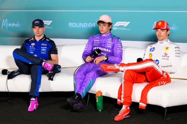 MIAMI GARDENS, FL - MAY 02: Oracle Red Bull Racing driver Max Verstappen of the Netherlands, Mercedes-AMG PETRONAS driver Kimi Antonelli of Italy and Ferrari driver Charles Leclerc of Monaco speak to the media after the qualifying for the Formula 1 Crypto.com Miami Grand Prix on May 2, 2026, at Miami International Autodrome in Miami Gardens, FL. (Photo by Doug Murray Icon Sportswire) AUTO: MAY 02 F1 Miami Grand Prix EDITORIAL USE ONLY Icon796260502084