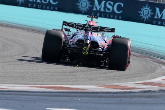 RECORD DATE NOT STATED 2nd May 2026; Miami International Autodrome, Miami, Florida, United States of America; 2026 FIA Formula 1 Miami Grand Prix; Qualifying; Isack Hadjar (6) of France and Oracle Red Bull Racing speeds through turn seven with sparks coming from under the car DavidxBuono