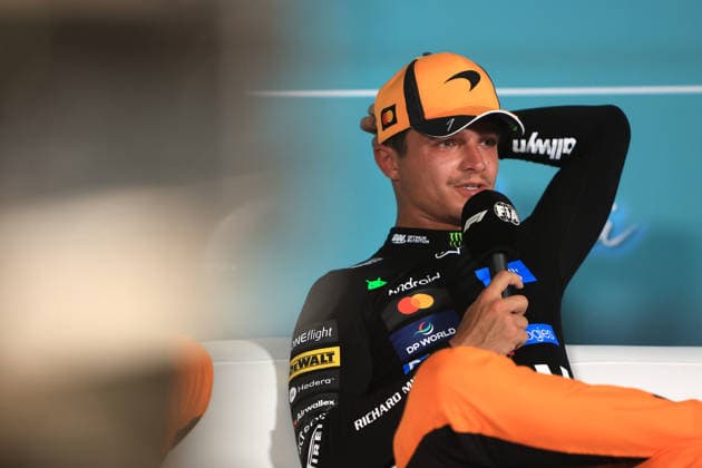 MIAMI GARDENS, FL - MAY 02: McLaren driver Lando Norris 1 is being interviewed after the Sprint race for the Formula 1 Crypto.com Miami Grand Prix on May 02, 2026 at Miami International Autodrome in Miami Gardens, FL. (Photo by Jeff Robinson Icon Sportswire) AUTO: MAY 02 F1 Miami Grand Prix EDITORIAL USE ONLY Icon05022611790