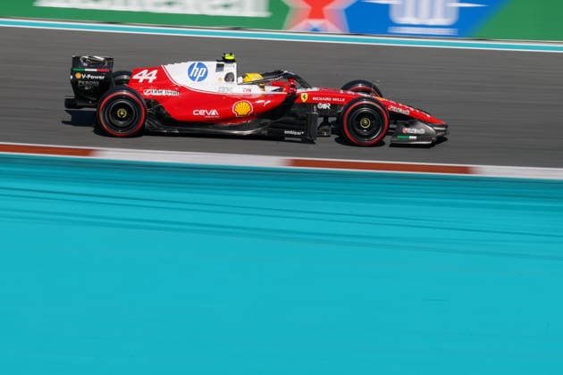 MIAMI GARDENS, FL - MAY 02: Lewis Hamilton (44) of Great Britain and Scuderia Ferrari HP speeds through turn seven during the Qualifying of the Formula 1 Crypto.com Grand Prix on May 2, 2026, at Miami International Autodrome in Miami Gardens, Florida. (Photo by David Buono Icon Sportswire) AUTO: MAY 02 F1 Miami Grand Prix EDITORIAL USE ONLY Icon2605020391