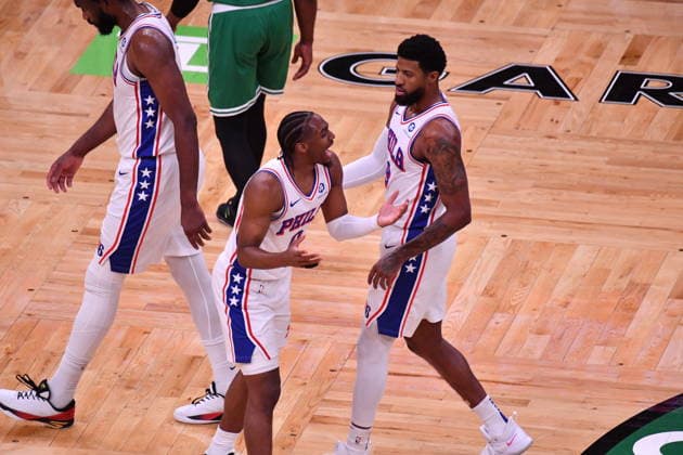 Boston Celtics v Philadelphia 76ers - NBA, Basketball Herren, USA Playoffs BOSTON, UNITED STATES - MAY 02: Tyrese Maxey (0) of Philadelphia 76ers reacts during a match between the Boston Celtics face the Philadelphia 76ers in Game Seven of their first-round playoff series at TD Garden in Boston, Massachusetts, on May 02, 2026. Joseph Prezioso Anadolu Massachusetts United States. Editorial use only. Please get in touch for any other usage.  Copyright: x2026xAnadoluxJosephxPreziosox