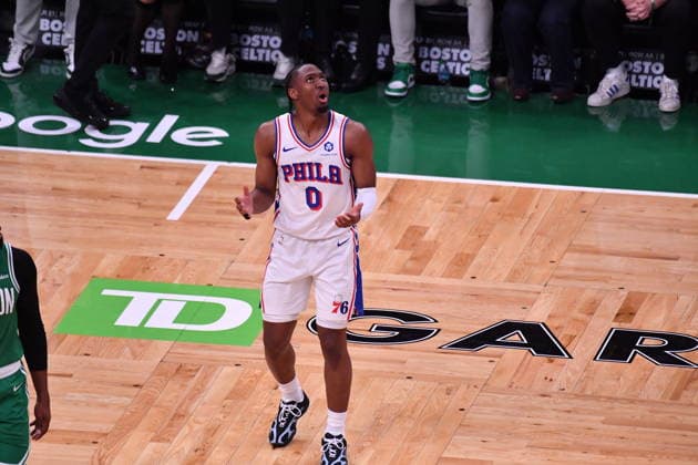 Boston Celtics v Philadelphia 76ers - NBA, Basketball Herren, USA Playoffs BOSTON, UNITED STATES - MAY 02: Tyrese Maxey (0) of Philadelphia 76ers reacts during a match between the Boston Celtics face the Philadelphia 76ers in Game Seven of their first-round playoff series at TD Garden in Boston, Massachusetts, on May 02, 2026. Joseph Prezioso Anadolu Massachusetts United States. Editorial use only. Please get in touch for any other usage.  Copyright: x2026xAnadoluxJosephxPreziosox