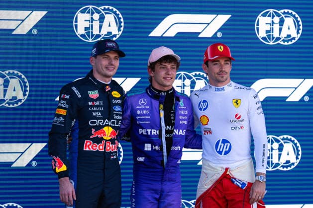 May 2, 2026, Miami, Florida, United States: Max verstappen, Kimi Antonelli and Charles Leclerc after the qualifying of the Formula 1 Miami Grand Prix 2026 Miami United States - ZUMAs197 20260502_aaa_s197_198 Copyright: xLucaxMartinix