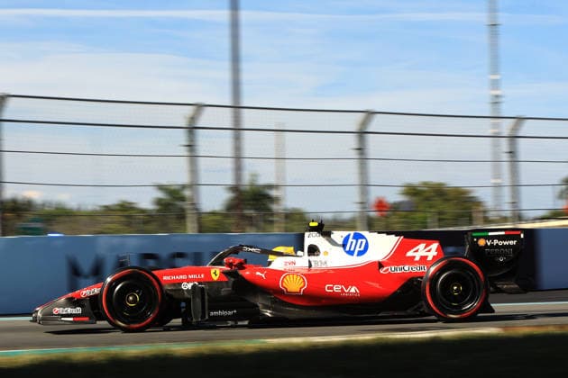 MIAMI GARDENS, FL - MAY 02: Ferrari driver Lewis Hamilton 44 exits turn 16 during qualifying for the F1 Miami Grand Prix on May 02, 2026 at Miami International Autodrome in Miami Gardens, FL. (Photo by Jeff Robinson Icon Sportswire) AUTO: MAY 02 F1 Miami Grand Prix EDITORIAL USE ONLY Icon050226118641