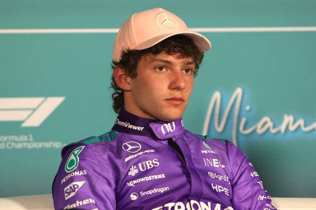 MIAMI GARDENS, FL - MAY 02: Mercedes driver Andrea Kimi Antonelli 12 is interviewed after qualifying for the F1 Miami Grand Prix on May 02, 2026 at Miami International Autodrome in Miami Gardens, FL. (Photo by Jeff Robinson Icon Sportswire) AUTO: MAY 02 F1 Miami Grand Prix EDITORIAL USE ONLY Icon050226118691